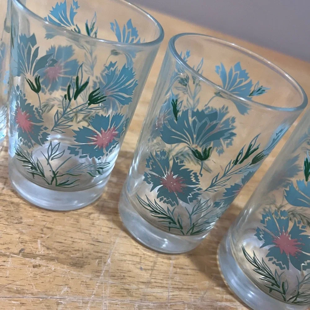 Vtg Taylor Smith & Taylor Ever Yours Teal Floral Juice Glasses MCM Set of 4